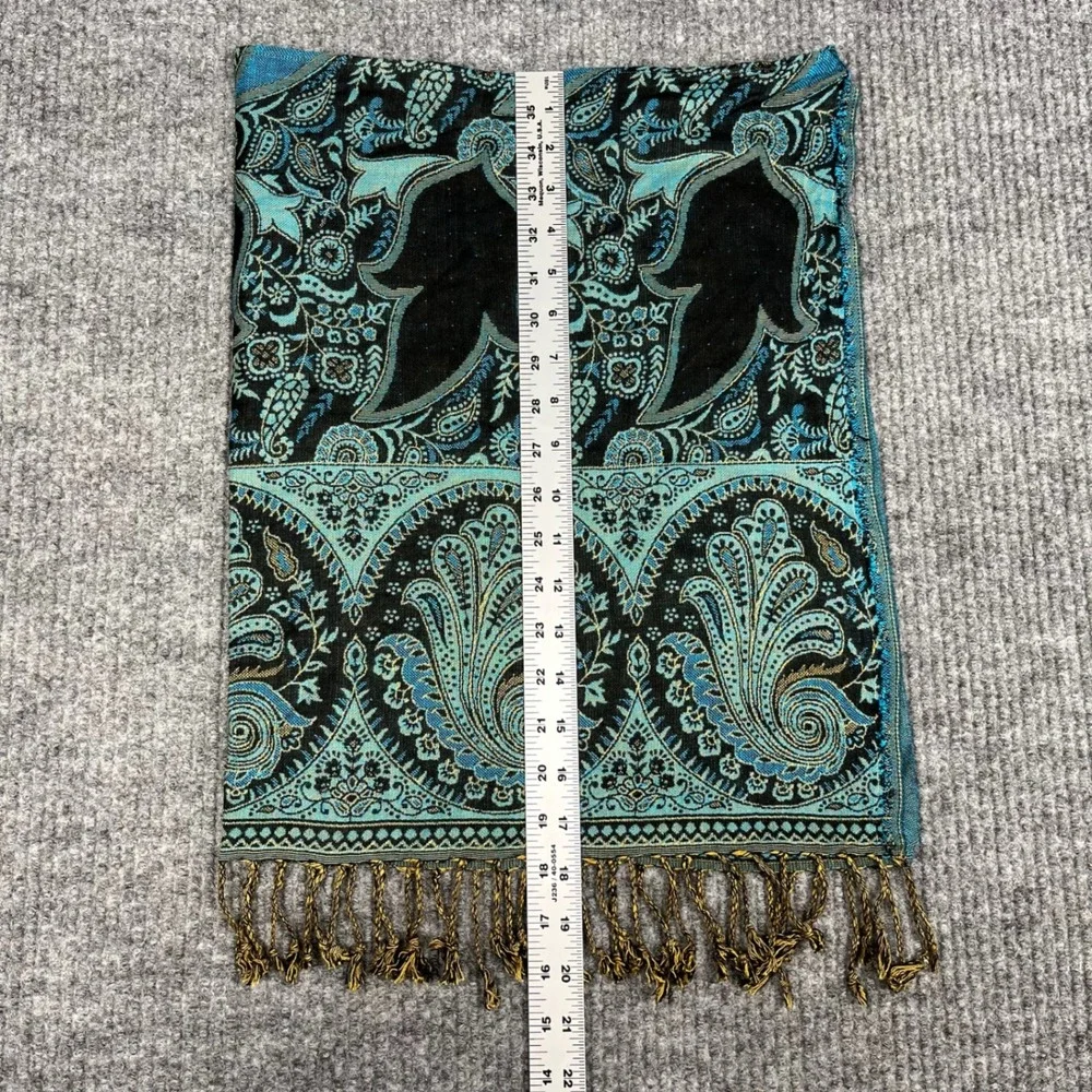 The Poshmina Scarf Womens Teal Gold Paisley Fringe Shawl Wrap Boho USA Made